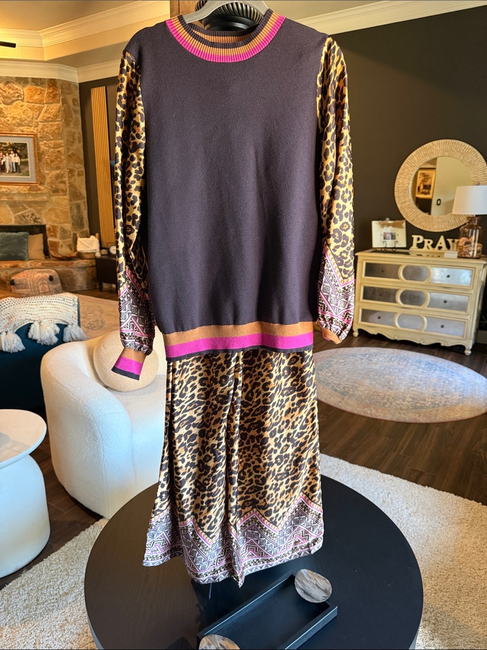 Fate Mixed-Media Leopard Print Long-Sleeve Dress with Pink Trim